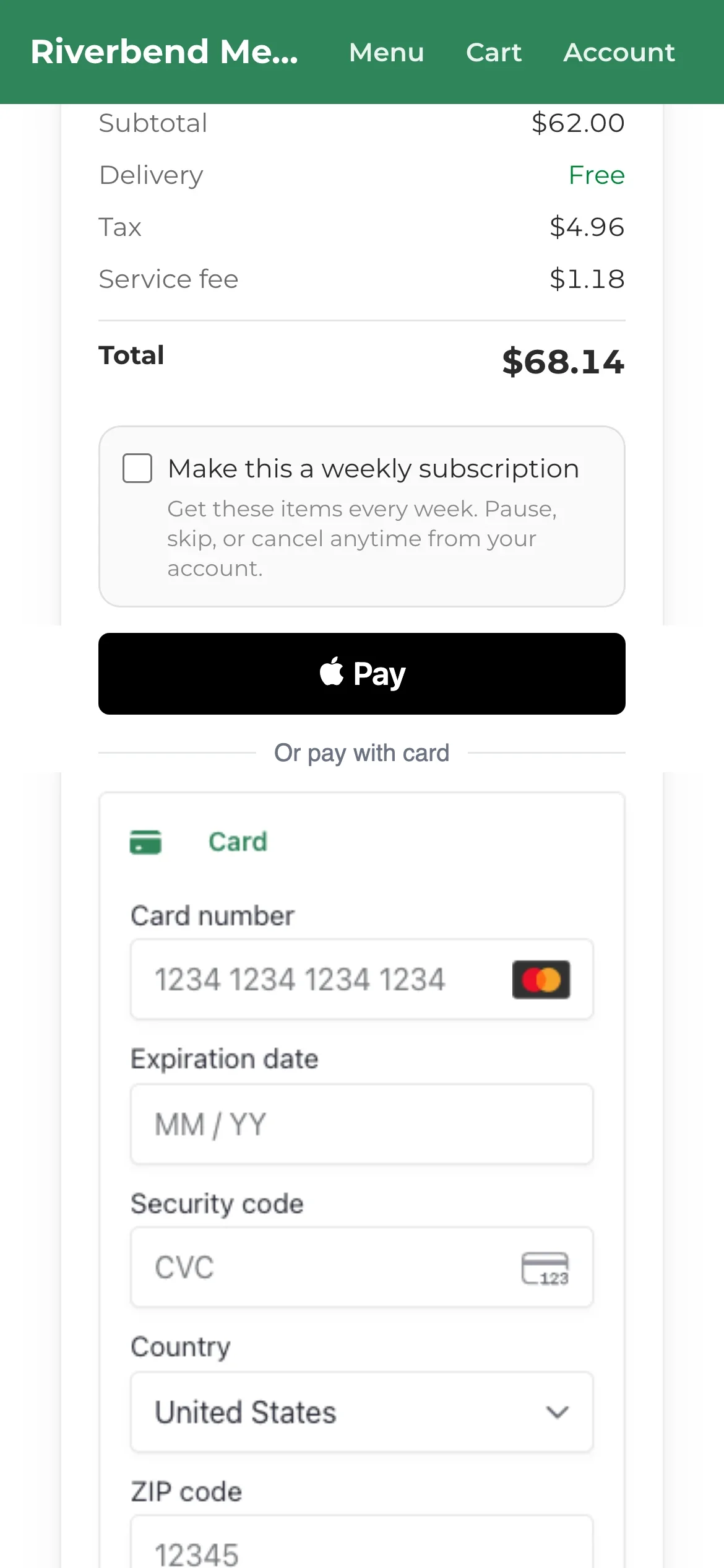 The one-screen checkout: delivery date chips, the weekly subscription checkbox and the card field