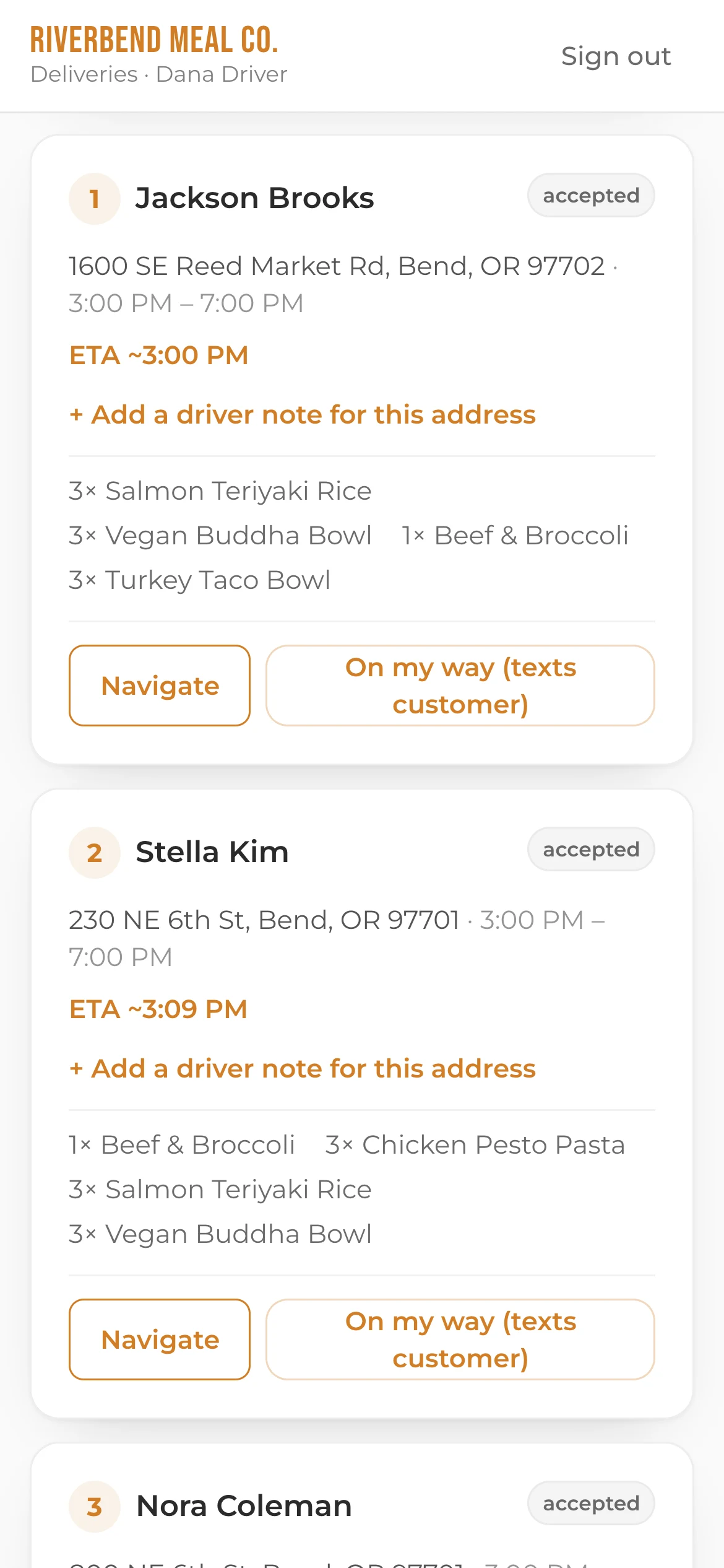 The driver app: numbered stops in driving order with address, time window, arrival time, notes, items and Navigate / On my way buttons