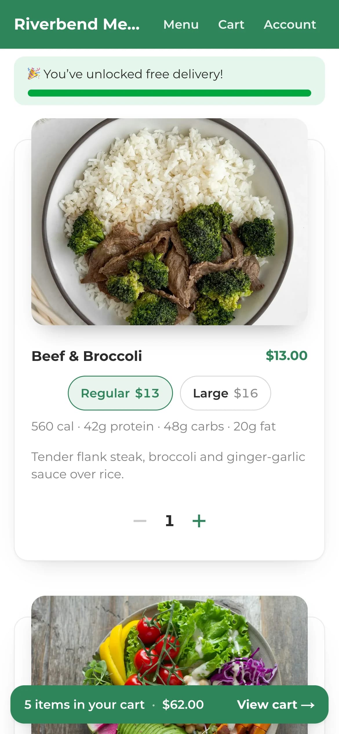 The demo store's menu on a phone: a meal card with Regular and Large size chips, calories and macros, and the free-delivery progress bar