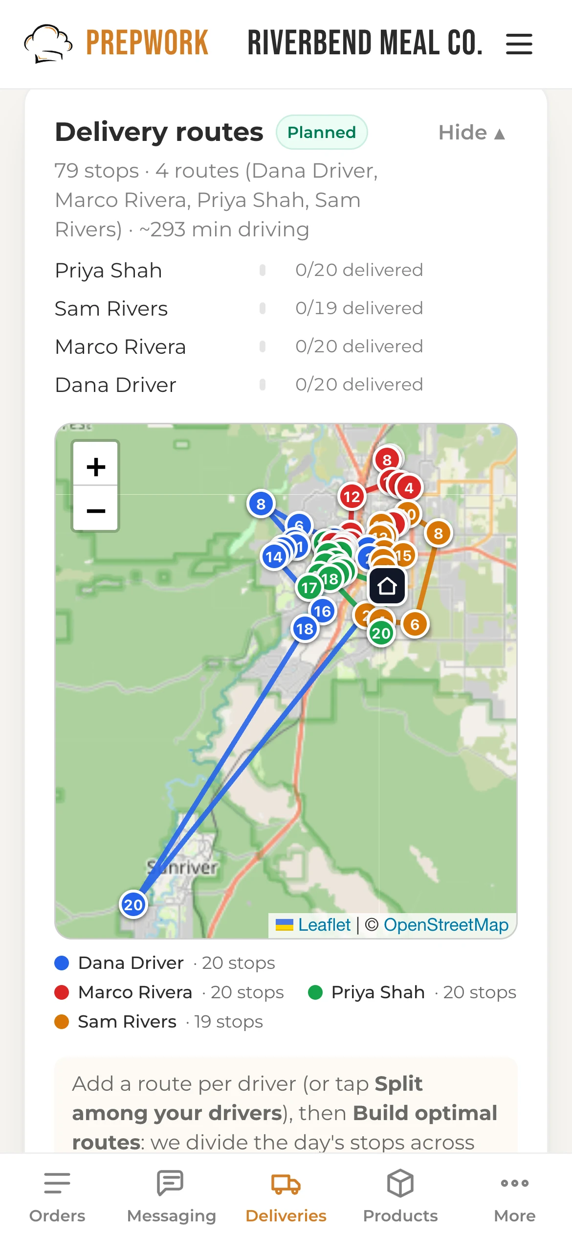The owner's Deliveries screen after Build routes: four drivers, their stop counts and drive times, and the route map